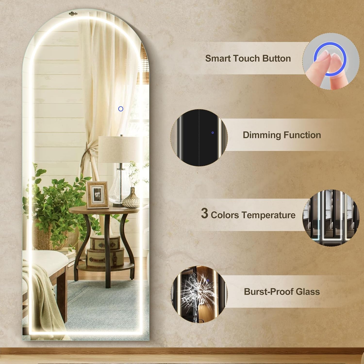 Arched Full Length Mirror With LED Lighting - HavenCraft