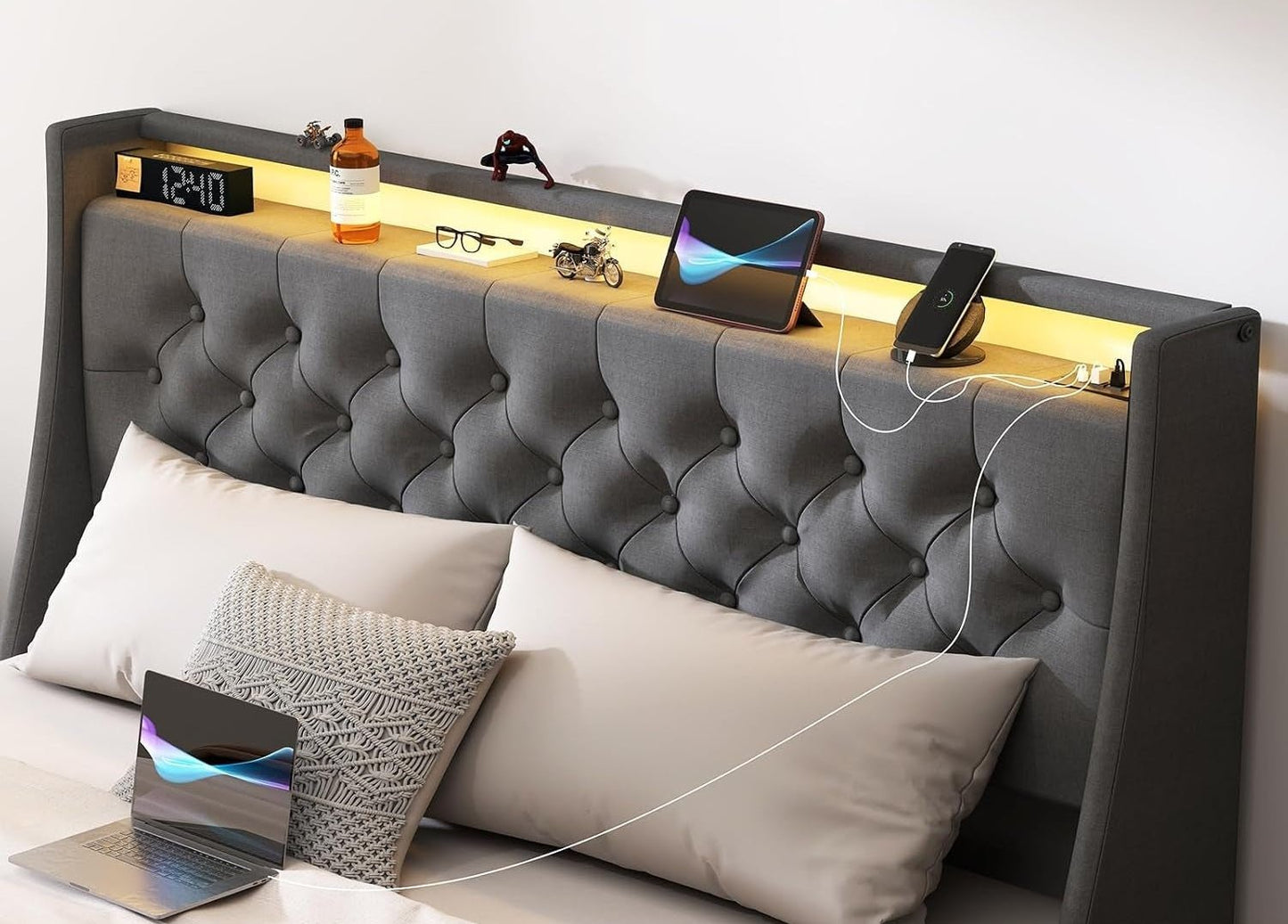 Queen Bed Frame With Storage Headboard LED Lighting - HavenCraft