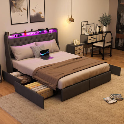 Queen Bed Frame With Storage Headboard LED Lighting - HavenCraft