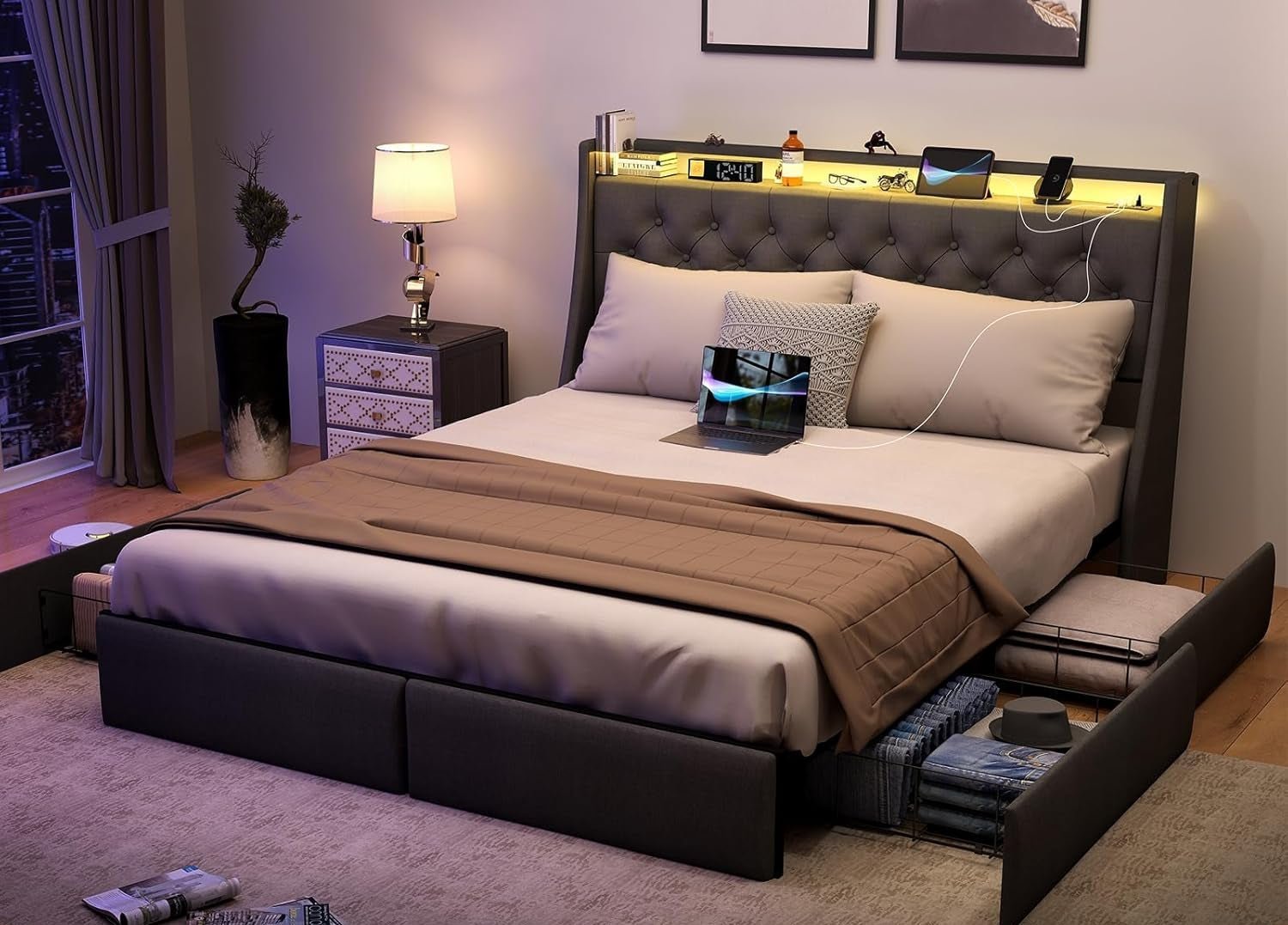 Queen Bed Frame With Storage Headboard LED Lighting - HavenCraft