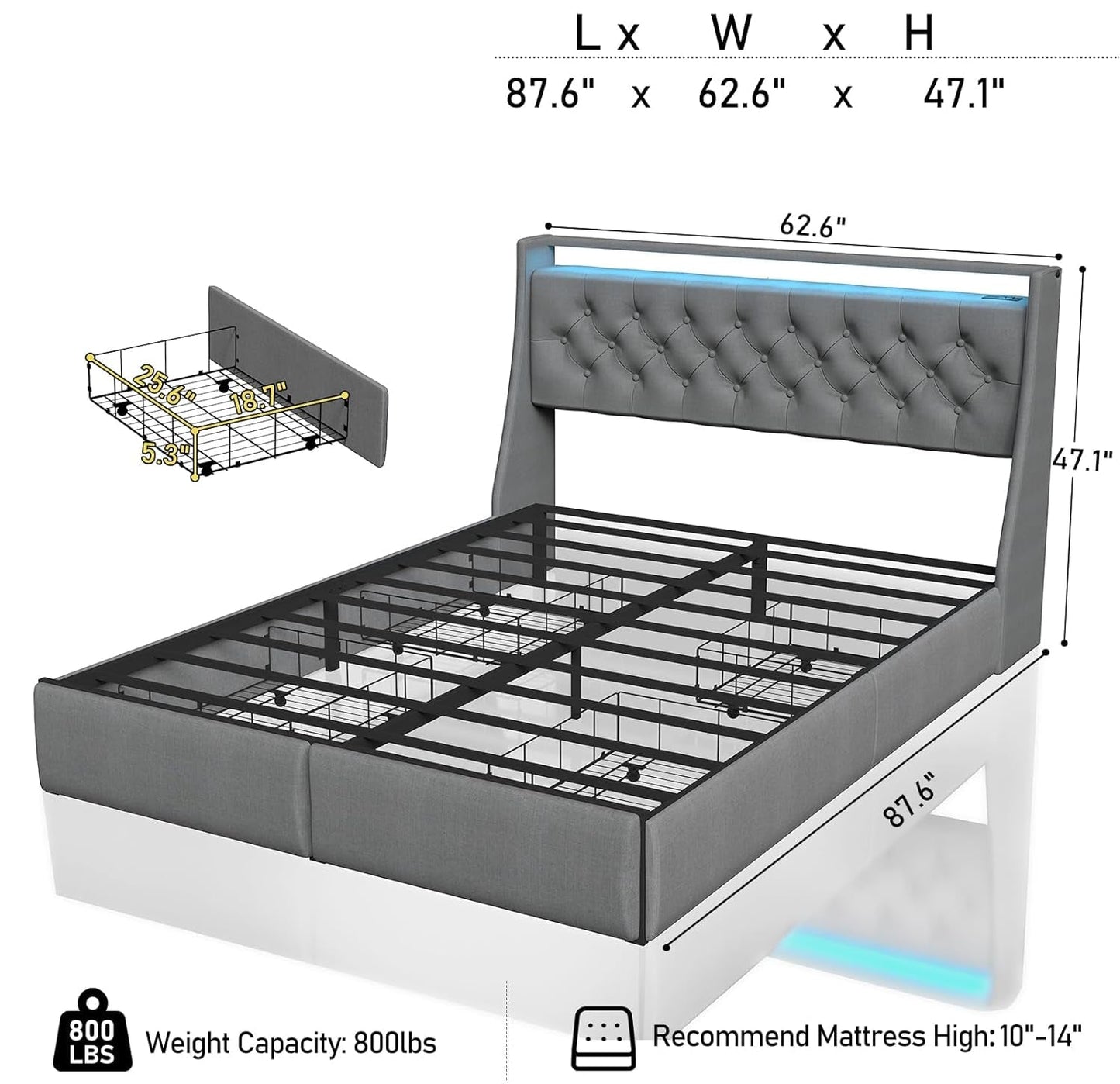 Queen Bed Frame With Storage Headboard LED Lighting - HavenCraft