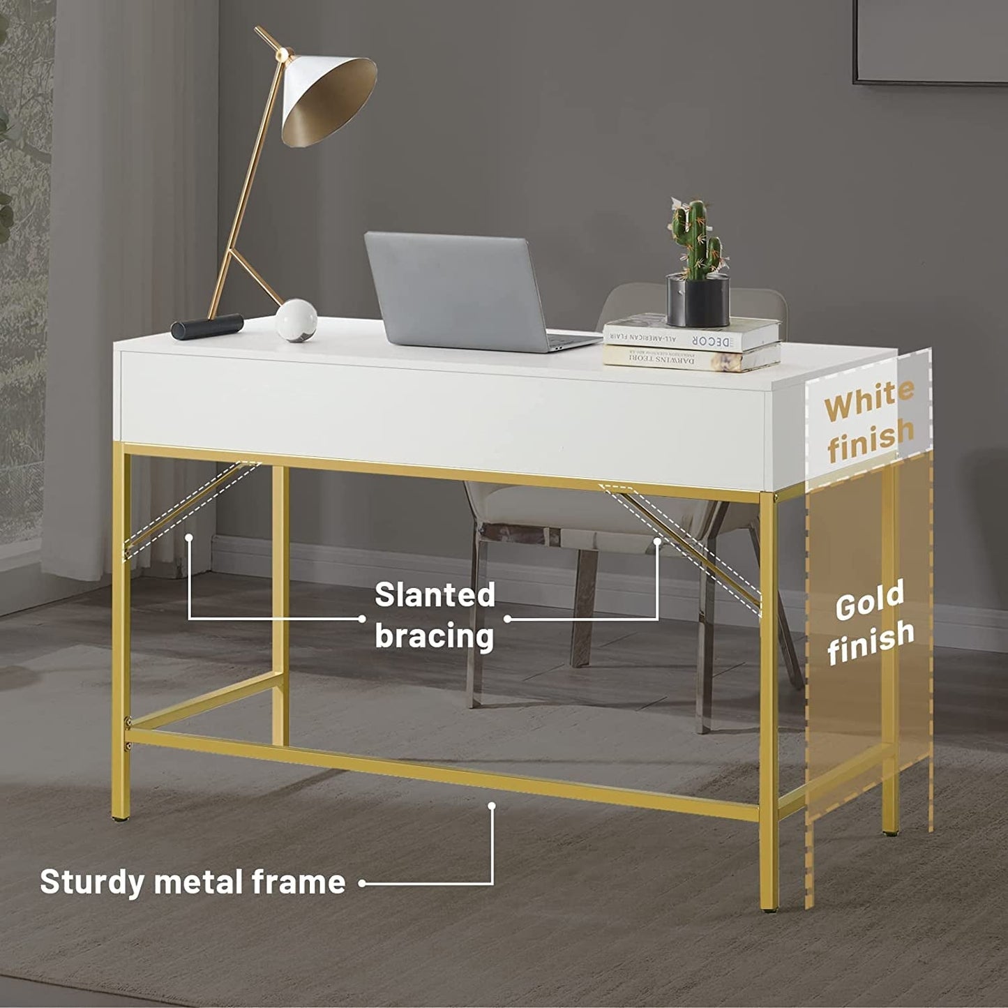 White And Gold Vanity Desk With Drawers For Bedroom - HavenCraft