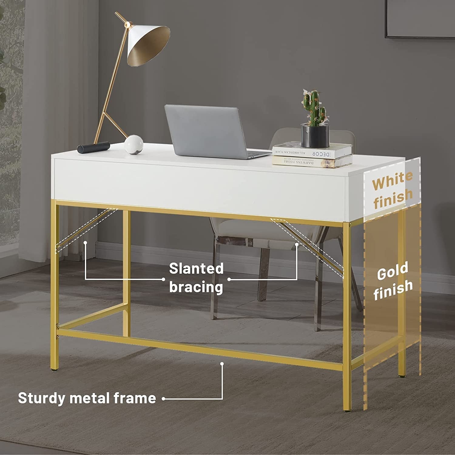 White And Gold Vanity Desk With Drawers For Bedroom - HavenCraft